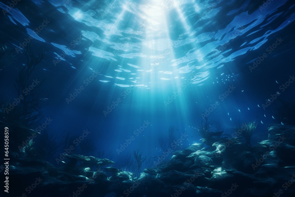 Underwater abyss illuminated by blue sunlight. Conceptual 3D representation. Generative AI