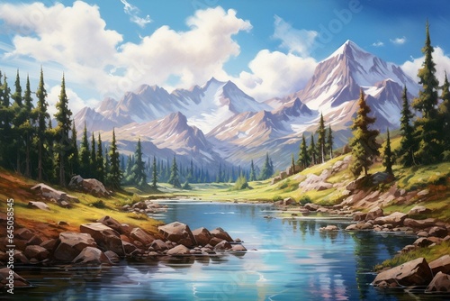 a painting of a mountain lake with a forest and blue sky with clouds  trees  rocks. Generative AI