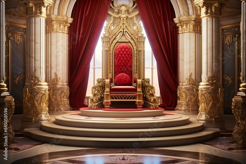 The opulent throne in the room with a falling chair. A red carpet leads to the extravagant throne  fit for a king. Royal throne in luxurious setting. Generative AI
