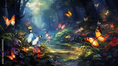 A tranquil garden transformed by the sudden burst of colorful butterflies taking flight