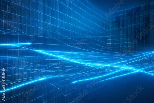 Abstract blue arrow glowing with lighting and line grid on blue background technology hi-tech concept