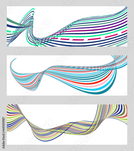 Wavy lines or ribbons. Set of 3 backgrounds. Multicolored striped gradient. Creative unusual background with abstract gradient wave lines to create a trendy banner, poster. vector eps