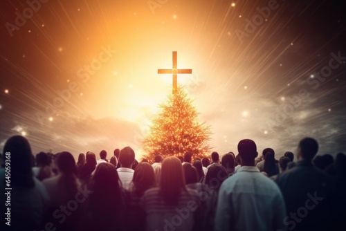 Crowd of people worshiping the cross in christmas time Fototapet