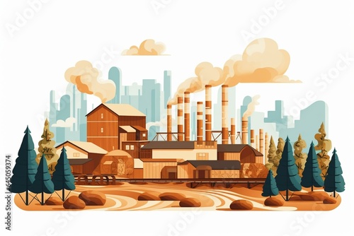 Flat illustration of lumber for paper mill with factory, industrial treatment, wood pulp to paper process, deforestation and ecology. Generative AI