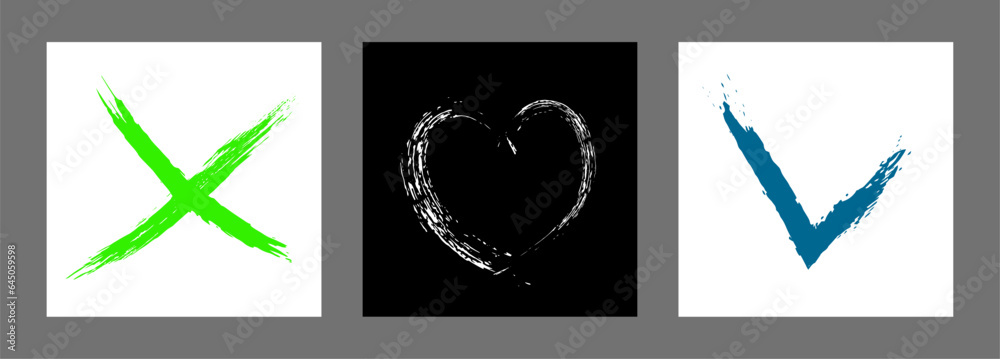 The cross, heart and OK symbol are hand-drawn with a brush. Prohibition, denial, error. Love. Approval, consent. Vector, set of 3 characters The cross, heart and OK symbol are hand-drawn with a brush. Prohibition, denial, error. Love. Approval, consent. Vector, set of 3 characters