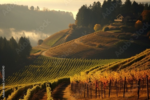 A hillside vineyard near Salem, Oregon. Generative AI