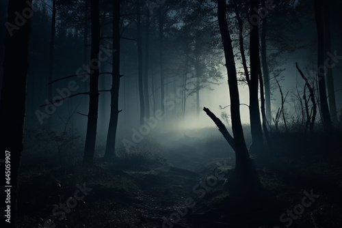 foggy and dark woods at night, mystery forest. Magical saturated foggy forest trees landscape. Generative AI