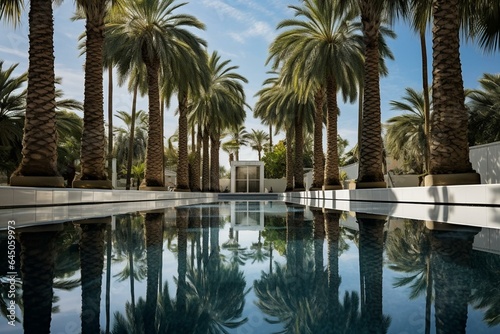Palm trees mirrored in a garden pool. Generative AI © Eira