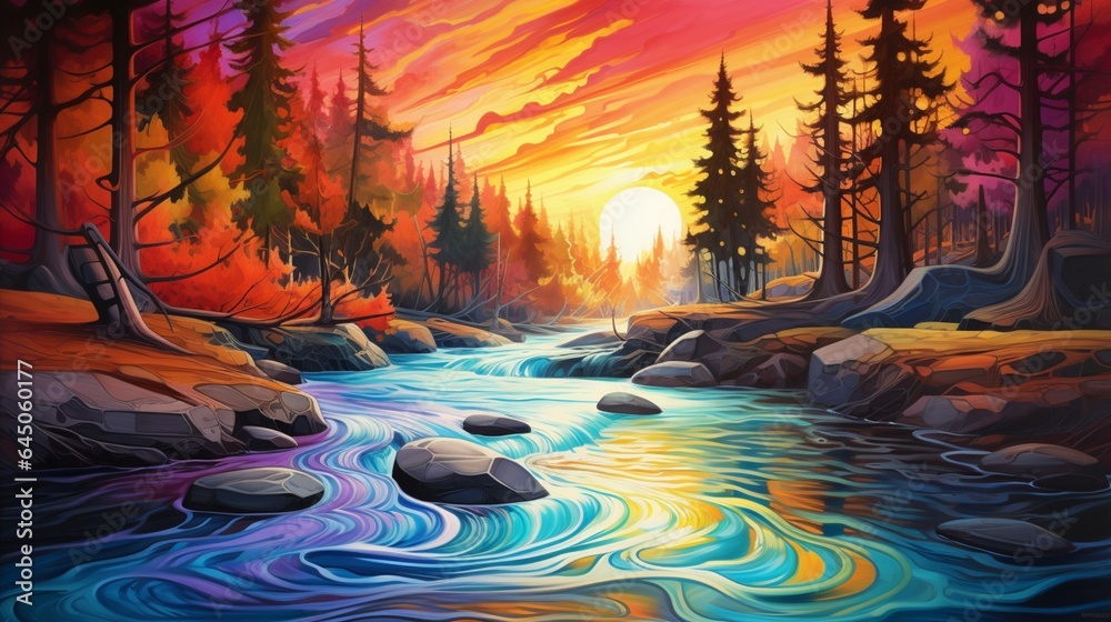 A tranquil river scene disrupted by the sudden burst of colored liquid, its ripples echoing the beauty of chaos