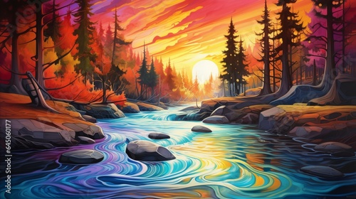 A tranquil river scene disrupted by the sudden burst of colored liquid  its ripples echoing the beauty of chaos