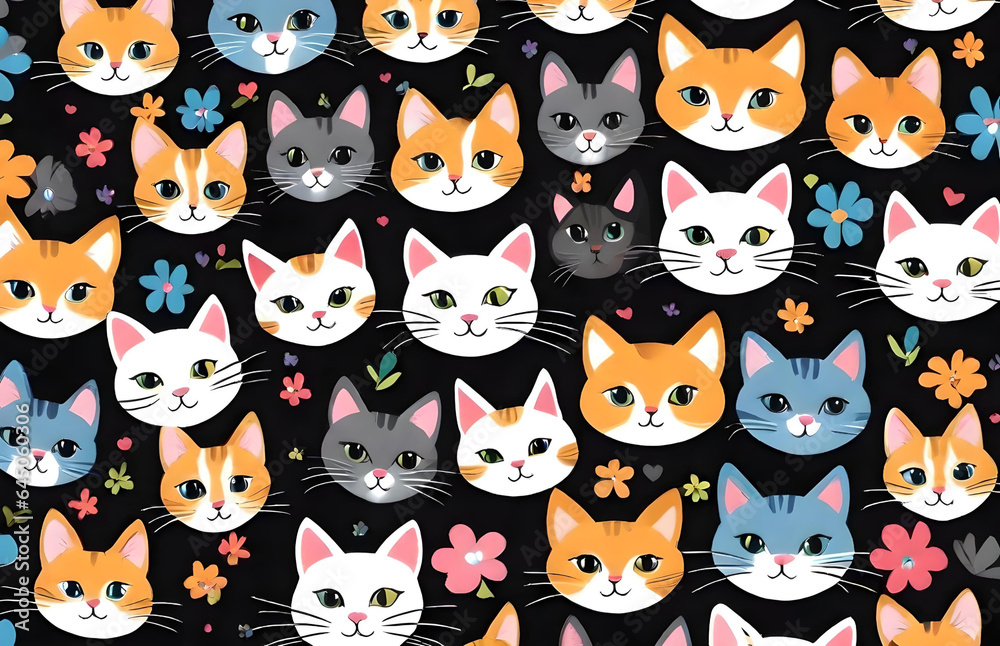 funny cartoon cat heads on a black background - generative ai