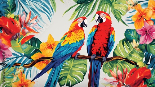  two colorful parrots sitting on a branch surrounded by tropical flowers.  generative ai © Anna