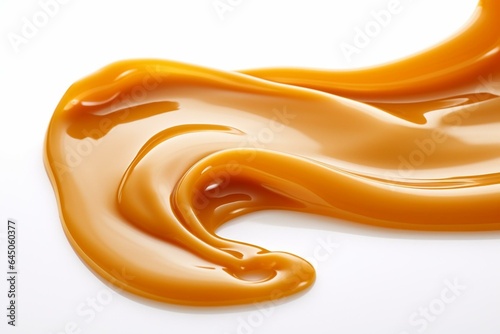 Close-up photo of caramel sauce flowing, isolated on white background. Generative AI