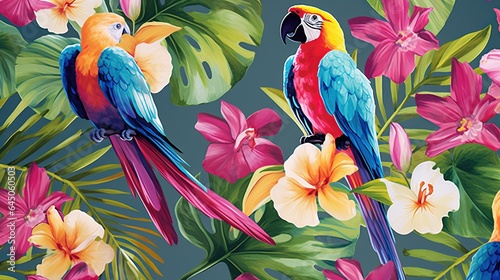  two parrots sitting on a branch of a tropical plant.  generative ai © Anna