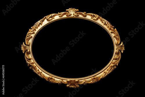 Vintage gold oval wall frame isolated on a gray background. 