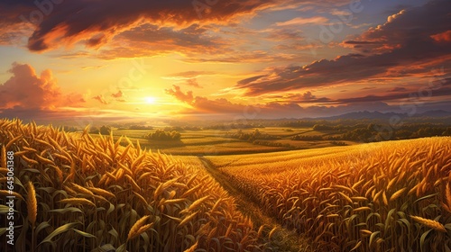 a painting of a sunset over a wheat field with a path leading to it.  generative ai © Anna
