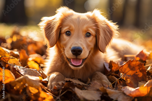 A golden coloured puppy lies in the autumn leaves, a bright sunny day. The image represents the age of the puppy and the beauty of autumn.