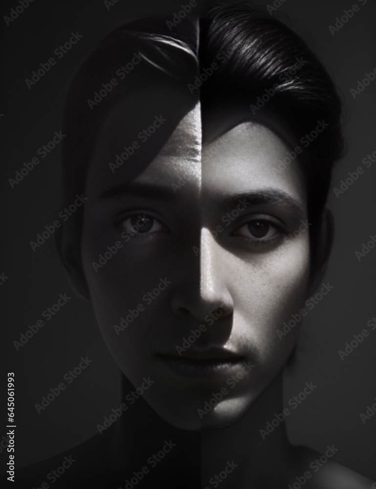 A portrait of a person, half in light and half in darkness, representing the duality of human nature. A portrait of a person, half in light and half in darkness, representing the duality of human nature.
