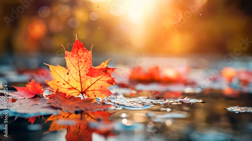 autumn banner with red and yellow maple leaves reflecting in water with soft focus and light  background  bokeh