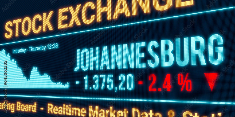 Johannesburg, stock market moving down. Negative stock exchange data, falling chart on the screen. Red percentage sign, loss and investment. 3D illustration
