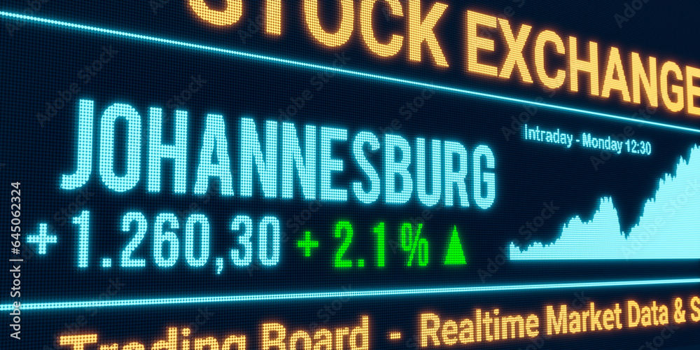 Johannesburg, stock market moving up. Positive stock exchange data, rising chart on the screen. Green percentage sign, profit and investment. 3D illustration