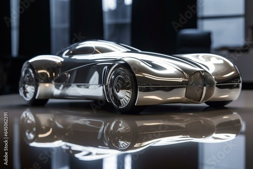 A futuristic car made of silver and powered by electricity is seen in the background. Generative AI