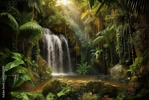 Tropical rainforest waterfall amidst lush jungle  adorned with exotic plants and digital artistry. Generative AI