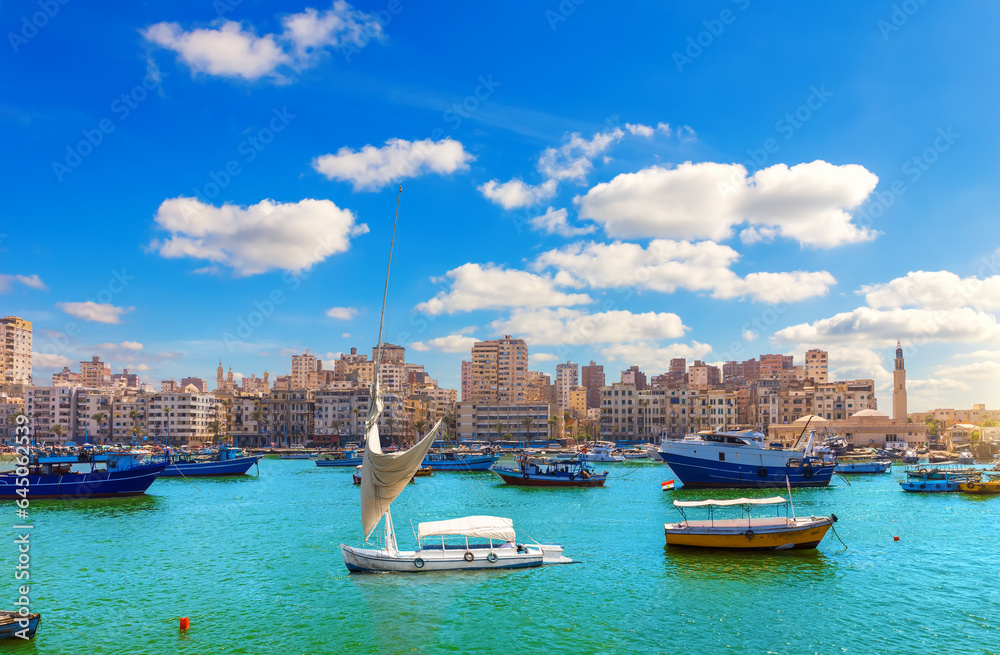 Boats and harbour area of old port of Alexandria, Egypt