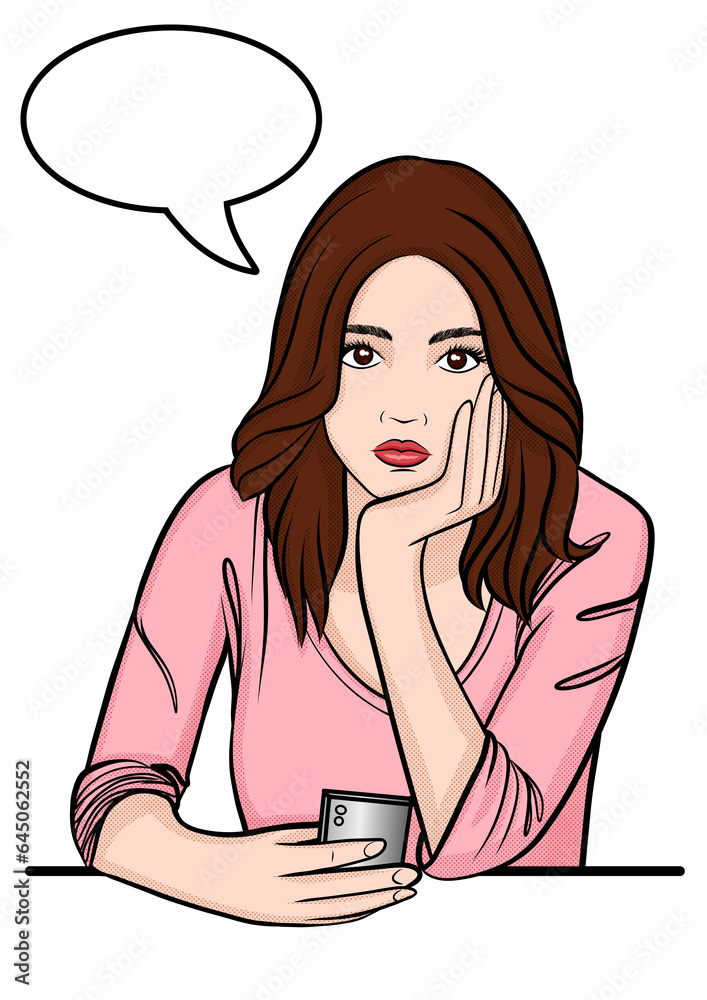 thinking girl with smartphone and empty speech bubble, pop up style illustration isolated thinking girl with smartphone and empty speech bubble, pop up style illustration isolated