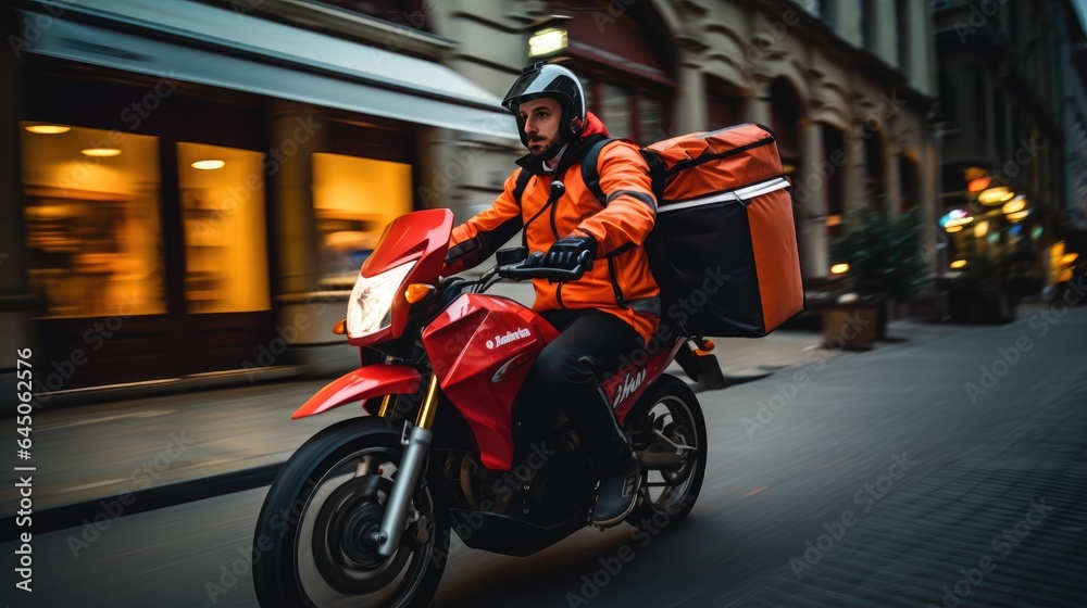 couriers on a scooter in the fast-paced food delivery industry. courier with backpack navigating urban