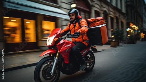 couriers on a scooter in the fast-paced food delivery industry. courier with backpack navigating urban © pvl0707