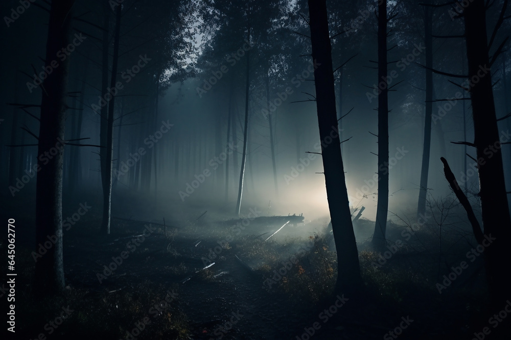 Naklejka premium foggy and dark woods at night, mystery forest. Magical saturated foggy forest trees landscape. Generative AI