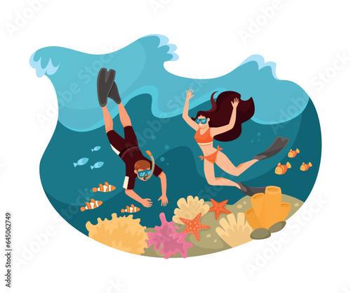 Happy Vacation with Man and Woman Couple Diving Underwater Together Vector Illustration