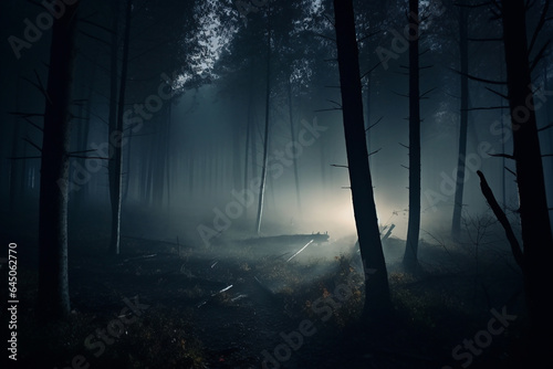 foggy and dark woods at night  mystery forest. Magical saturated foggy forest trees landscape. Generative AI