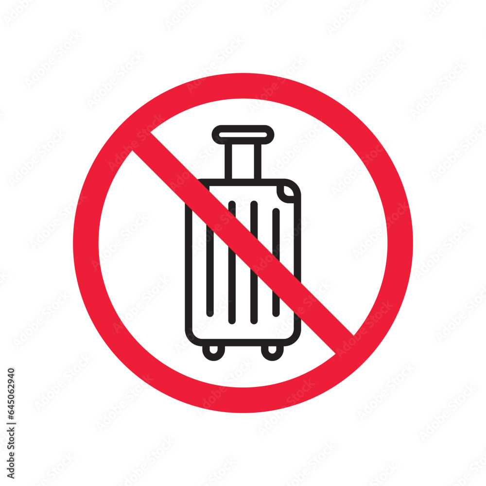 Forbidden luggage vector icon. Warning, caution, attention, restriction, label, ban, danger. No luggage flat sign design pictogram symbol. No luggageicon Forbidden luggage vector icon. Warning, caution, attention, restriction, label, ban, danger. No luggage flat sign design pictogram symbol. No luggageicon