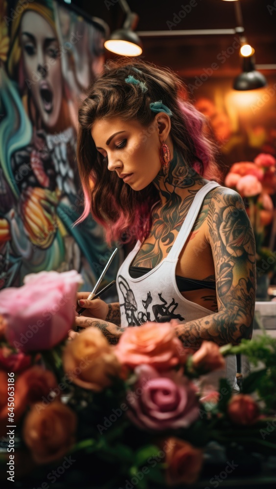 A woman with tattoos writing on a piece of paper A woman with tattoos writing on a piece of paper