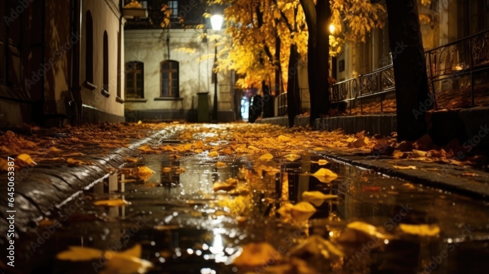 A puddle of water on a city street at night