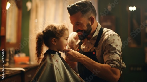 A man cutting a little girl's hair in a barber shop