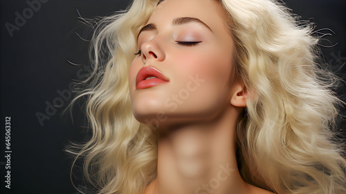 Beauty portrait of beautiful young adult blonde curly hair woman, wellbeing, breathing.