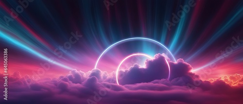 Purple clouds with light neon rings in the sky with northern lights, wallpaper