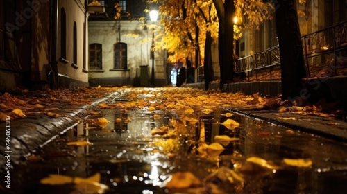 A puddle of water on a city street at night