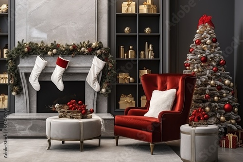 modern living room with christmas tree and presents, christmas decoration at home, interior design