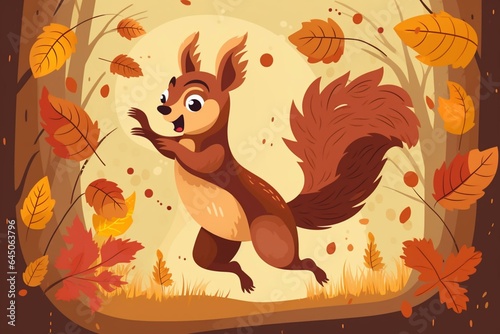 a cheerful squirrel cartoon leaping with outstretched limbs. Generative AI © Kian