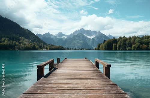 a wooden pier leading across a lake surrounded by mountains