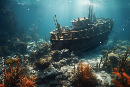 Underwater wreckage depicted in a 3D rendered image. Generative AI © Solana