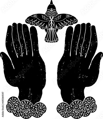 Hands that release the bird. Vector element.