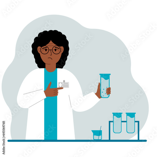 Female scientist with flasks. Experimental scientist, laboratory assistant, biochemistry, chemical, scientific research. © Sunny_baby