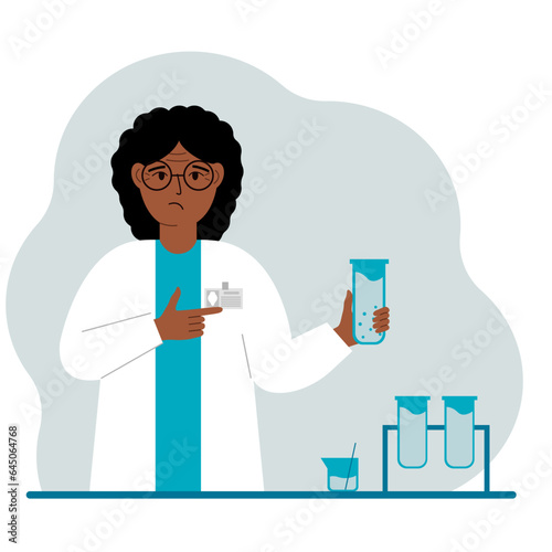 Female scientist with flasks. Experimental scientist, laboratory assistant, biochemistry, chemical, scientific research.