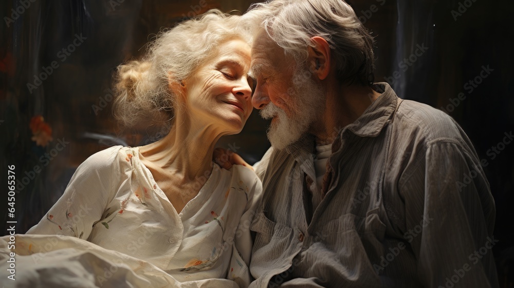 Portrait of an elderly happy couple in love. The woman leaned her head on the mans shoulder.