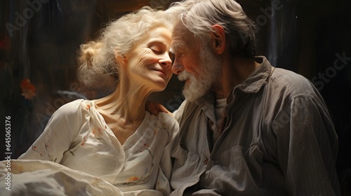 Portrait of an elderly happy couple in love. The woman leaned her head on the mans shoulder.